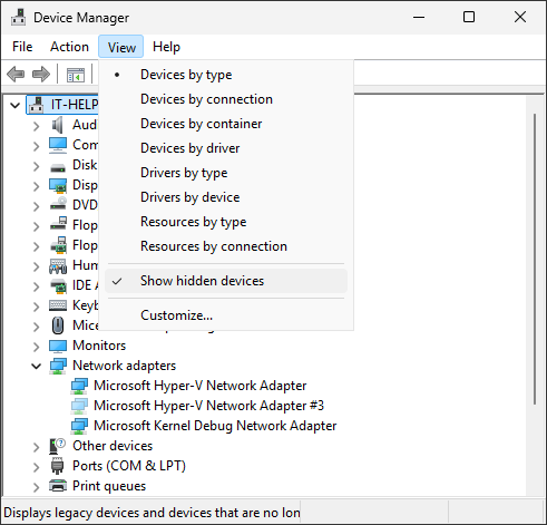 Device Manager show hidden devices