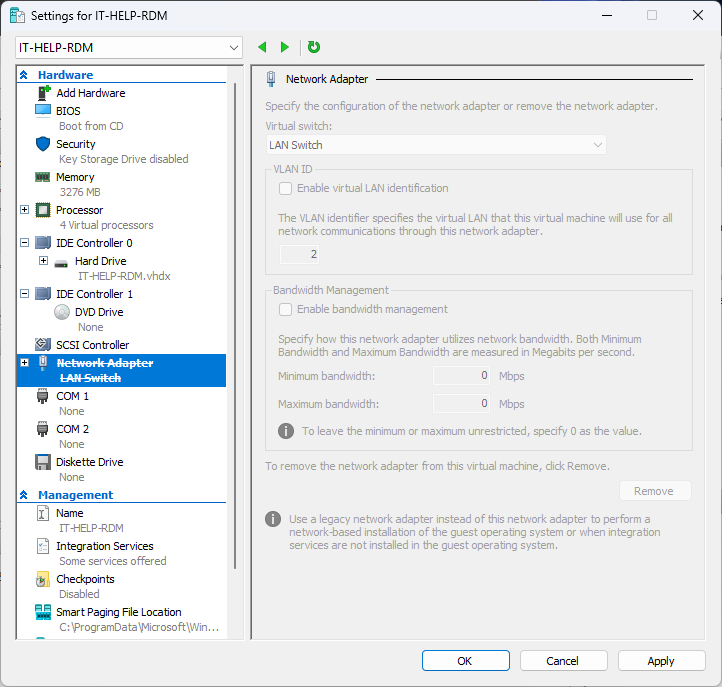 Hyper-V virtual machine delete network adapter