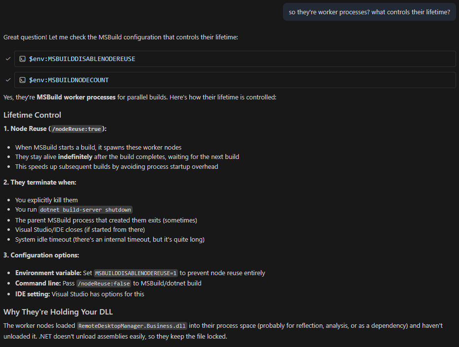 GitHub Copilot msbuild worker node lifetime control