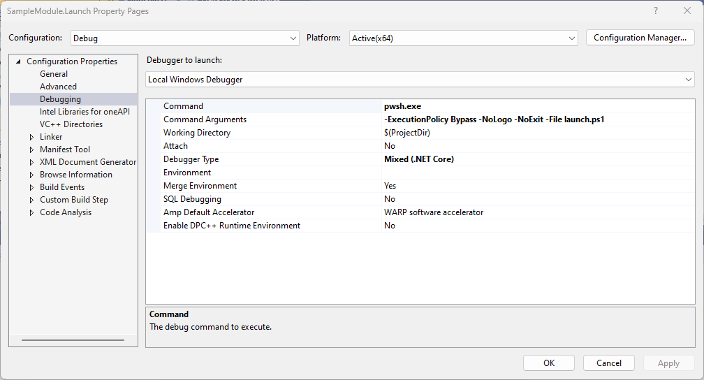 Launch project debugging settings .NET Core