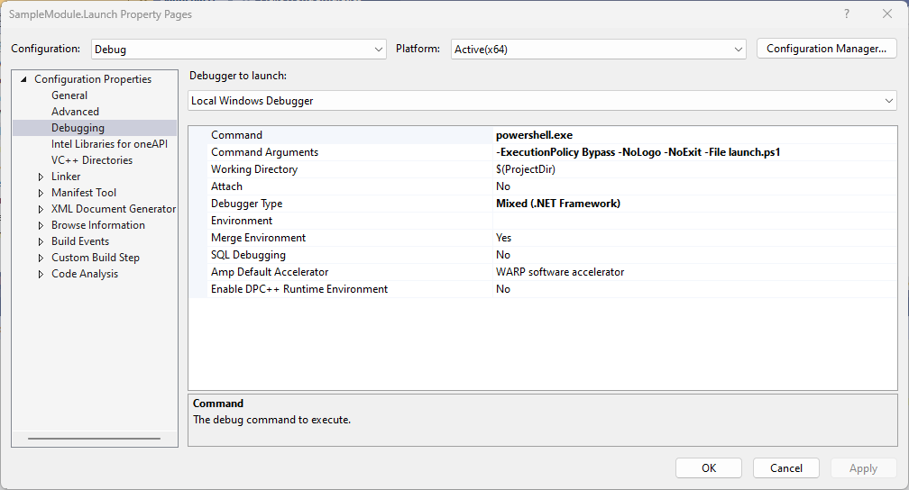 Launch project debugging settings .NET Framework