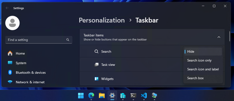 Windows taskbar search box hidden away