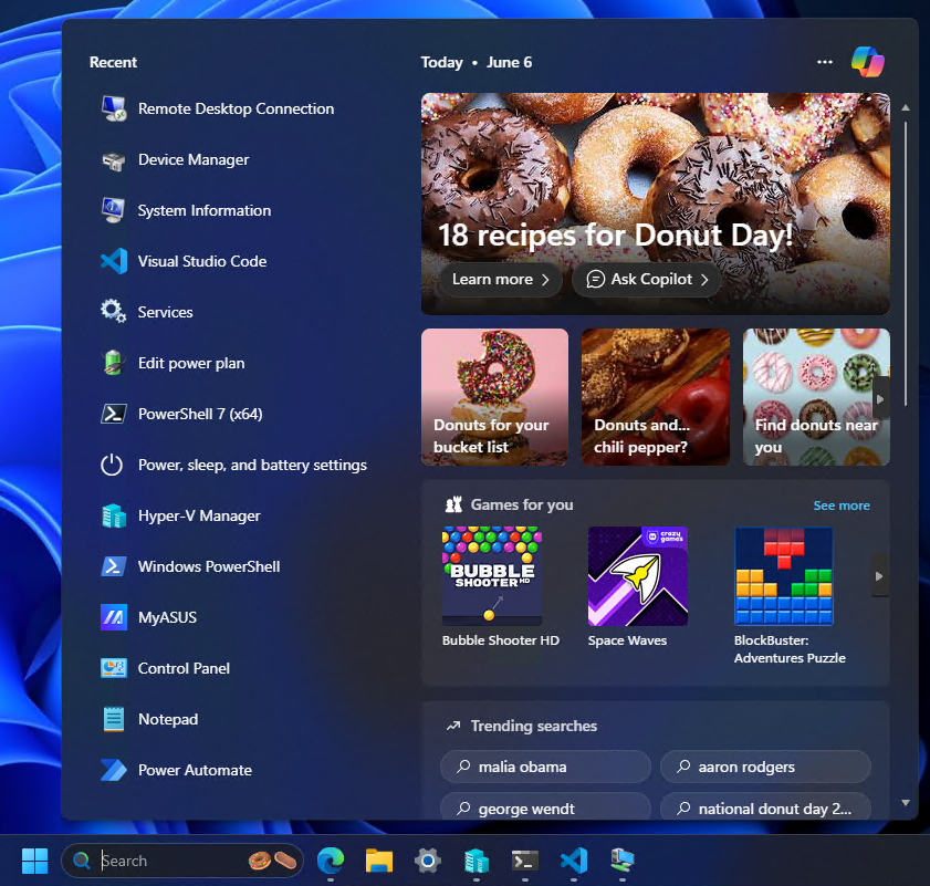 Windows taskbar search box national donut day