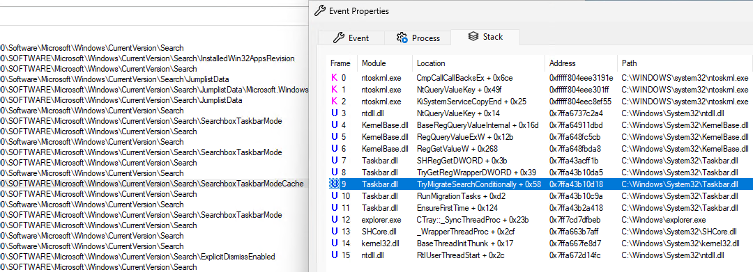 Windows taskbar procmon registry operations