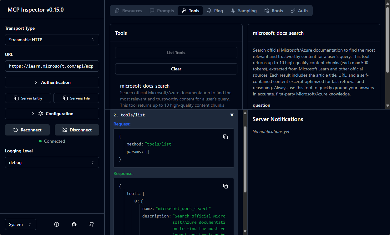 MCP Inspector - Microsoft Learn Docs